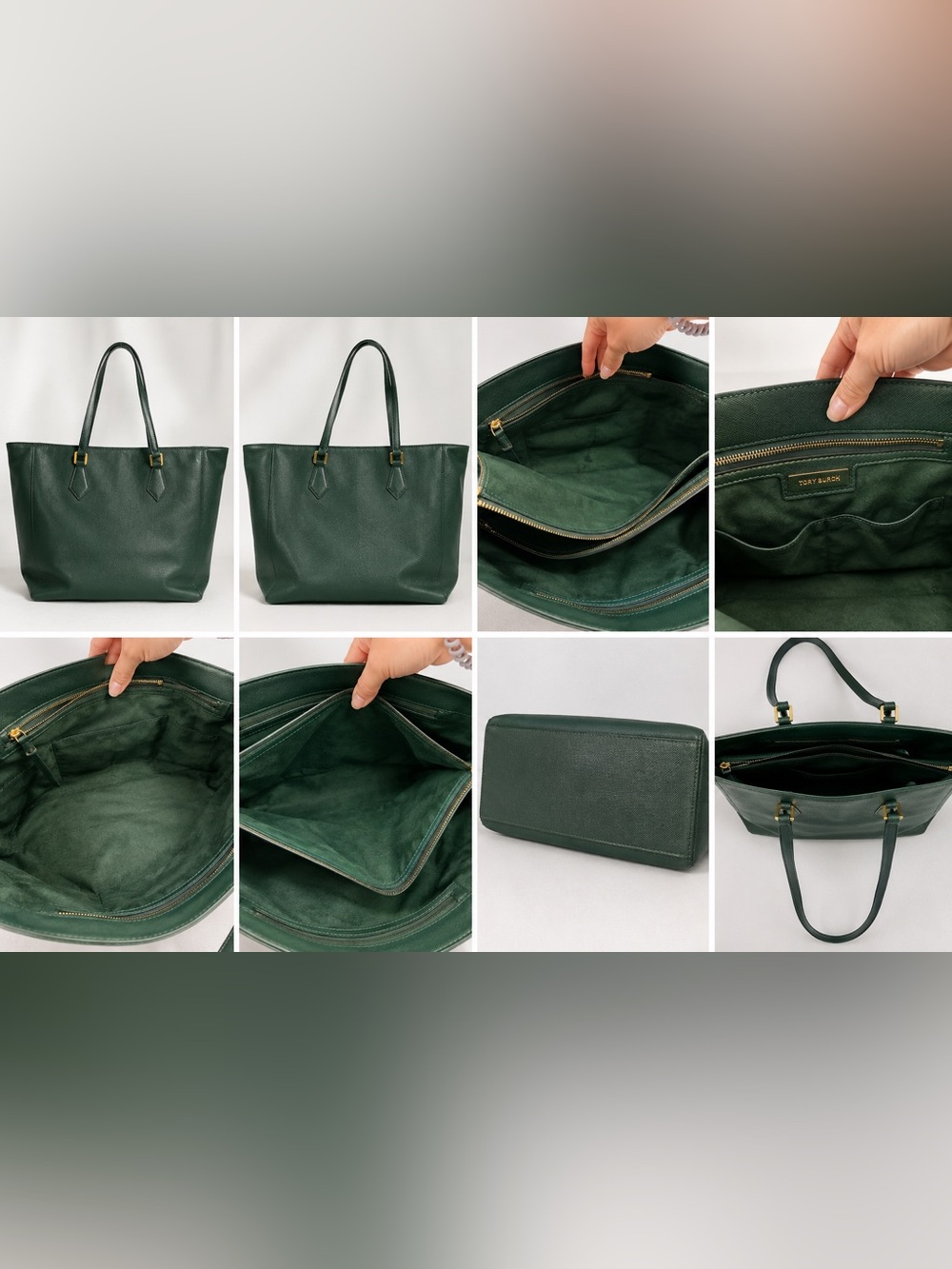 Tory Burch Forest Green Leather Tote with Gold Hardware